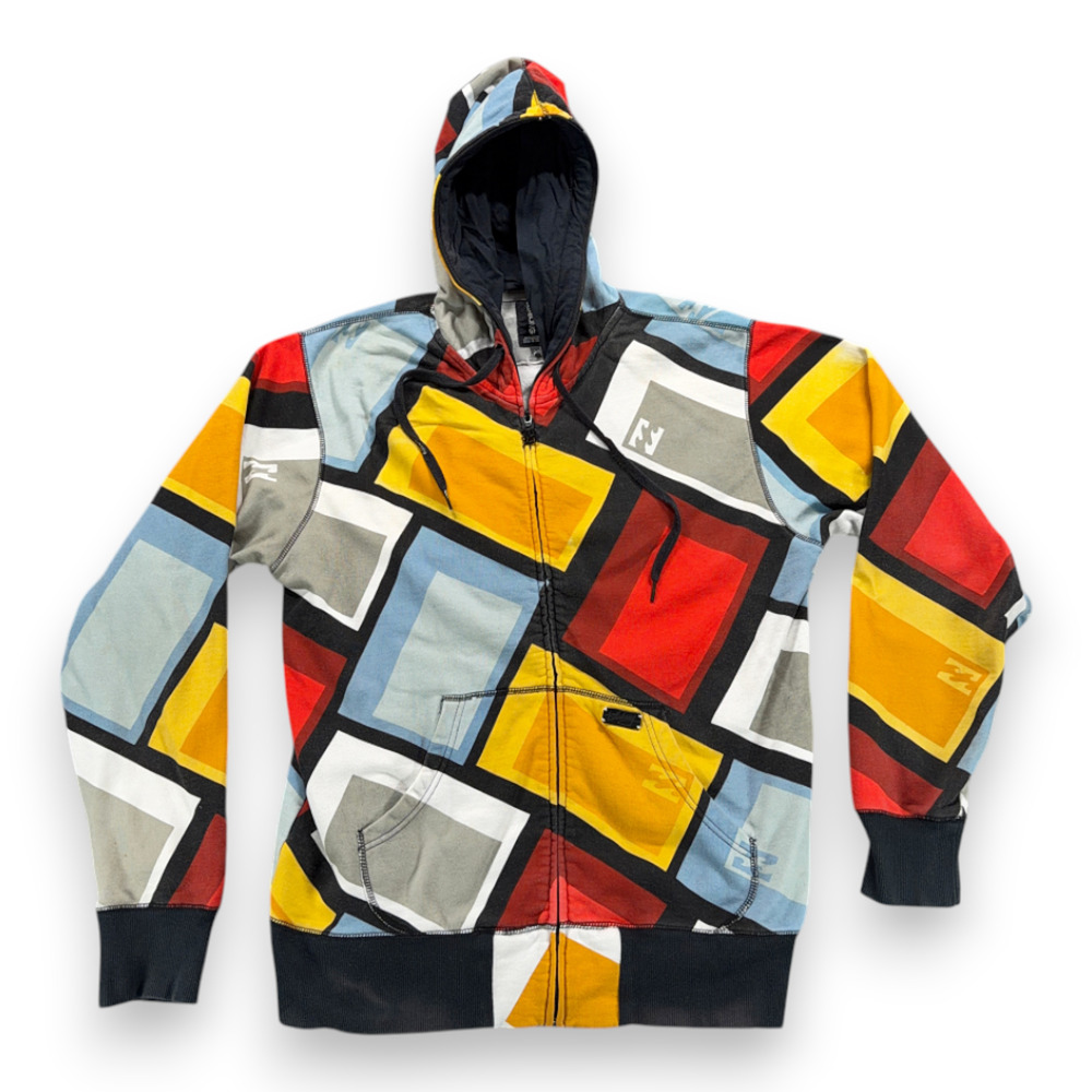 Billabong Hoodie Adult LARGE Yellow Geometric Sweatshirt Sweater Zip Surf Y2K